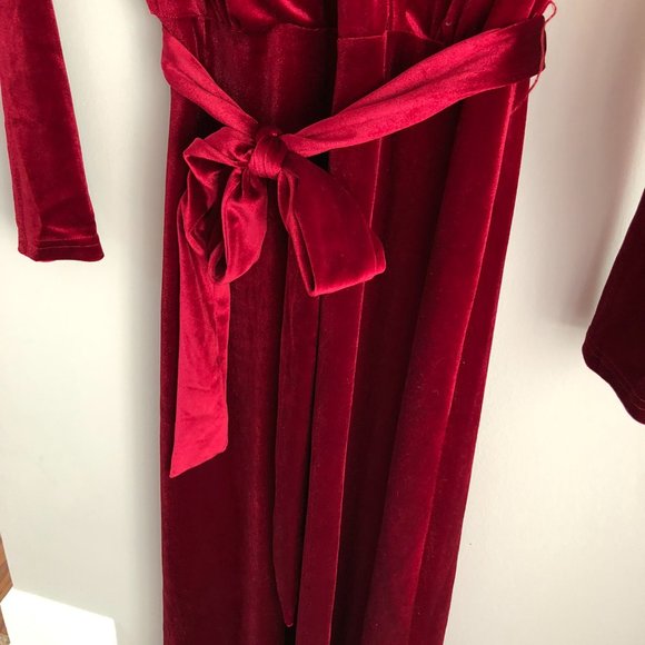 Long Sleeve Wrap V-neck Belted Velvet Burgundy Maxi Dress - Picture 8 of 9